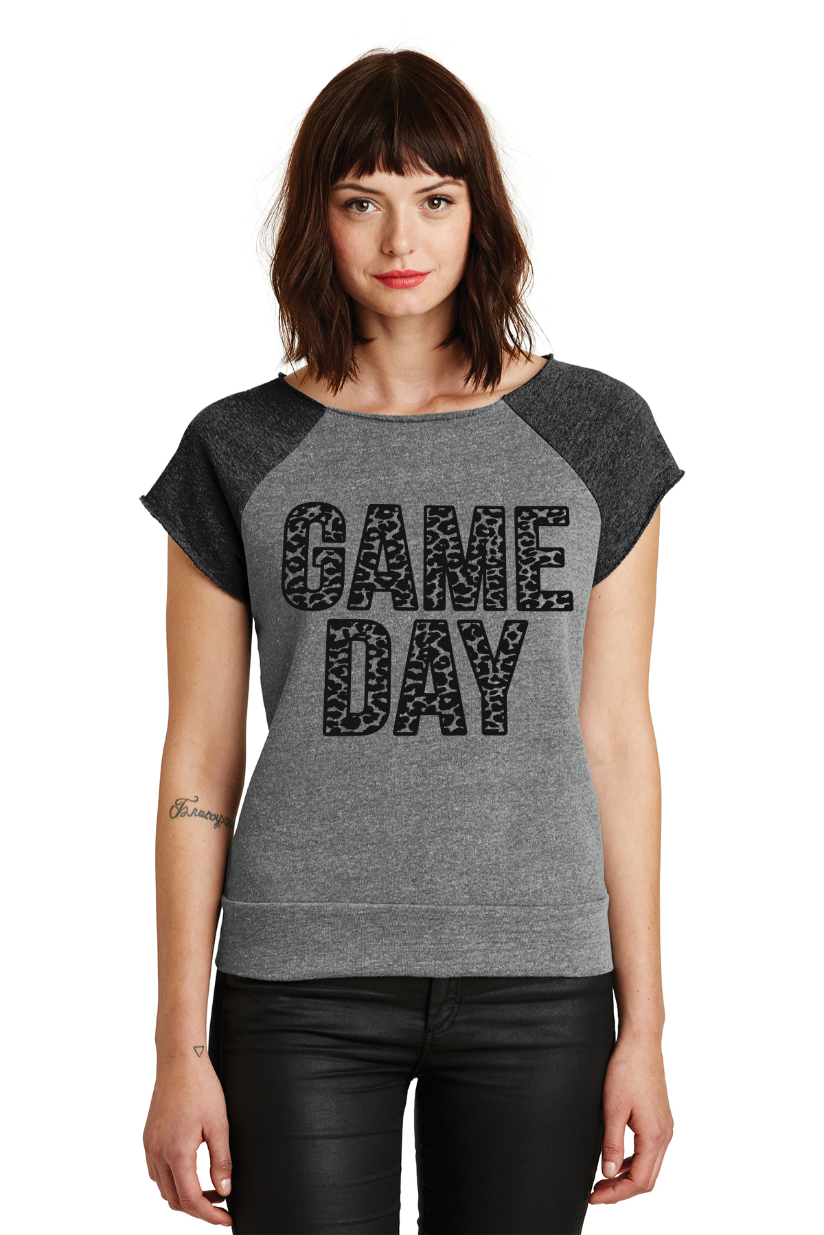 Raw Edge Short Sleeve Raglan Sweatshirt (Gray/Black)