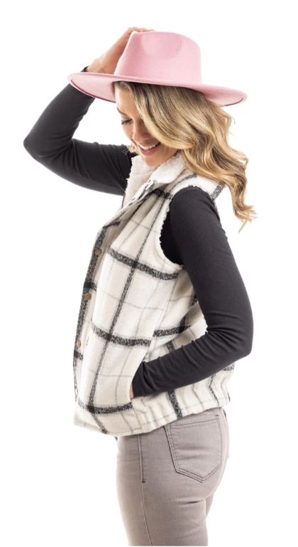 White & Black Plaid Sherpa Vest
