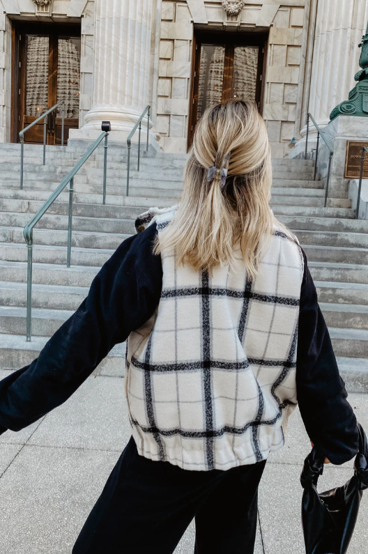 White & Black Plaid Sherpa Vest