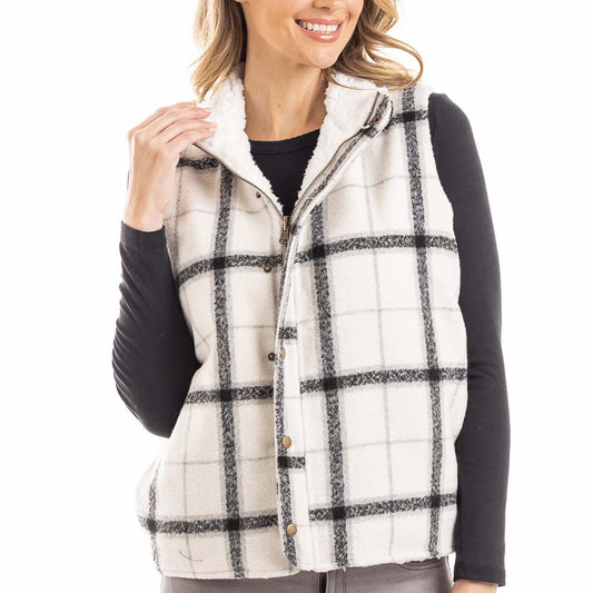 White & Black Plaid Sherpa Vest
