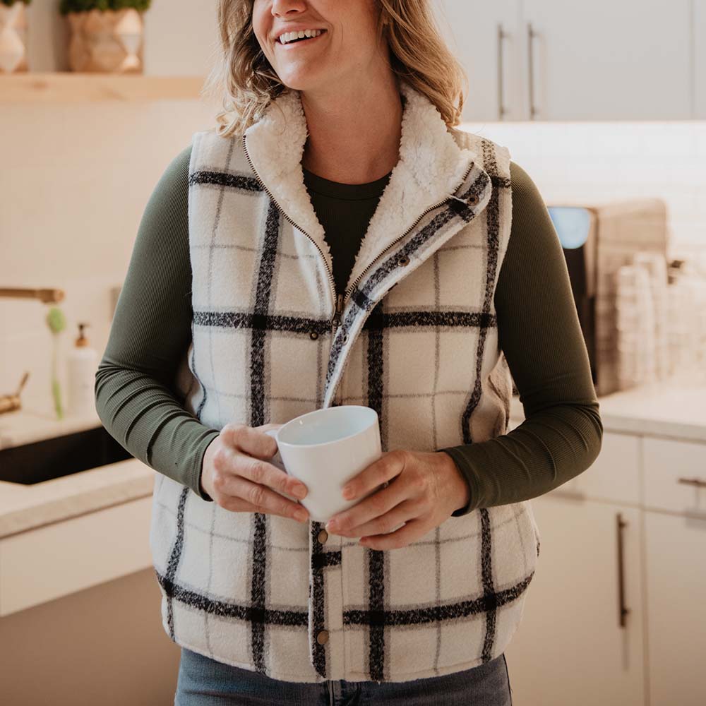 White & Black Plaid Sherpa Vest